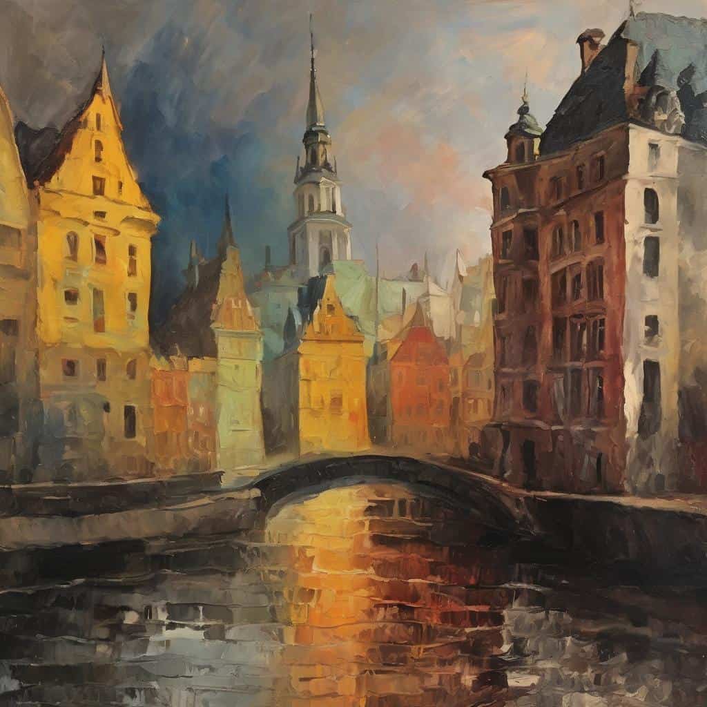 ζωντανή παραστατική ζωγραφική της πόλης, ιστορική αρχιτεκτονική, καμβάς με πολυπλοκότητα και τέχνη, πολιτιστική κληρονομιά, η τέχνη μέσω του δημιουργού.