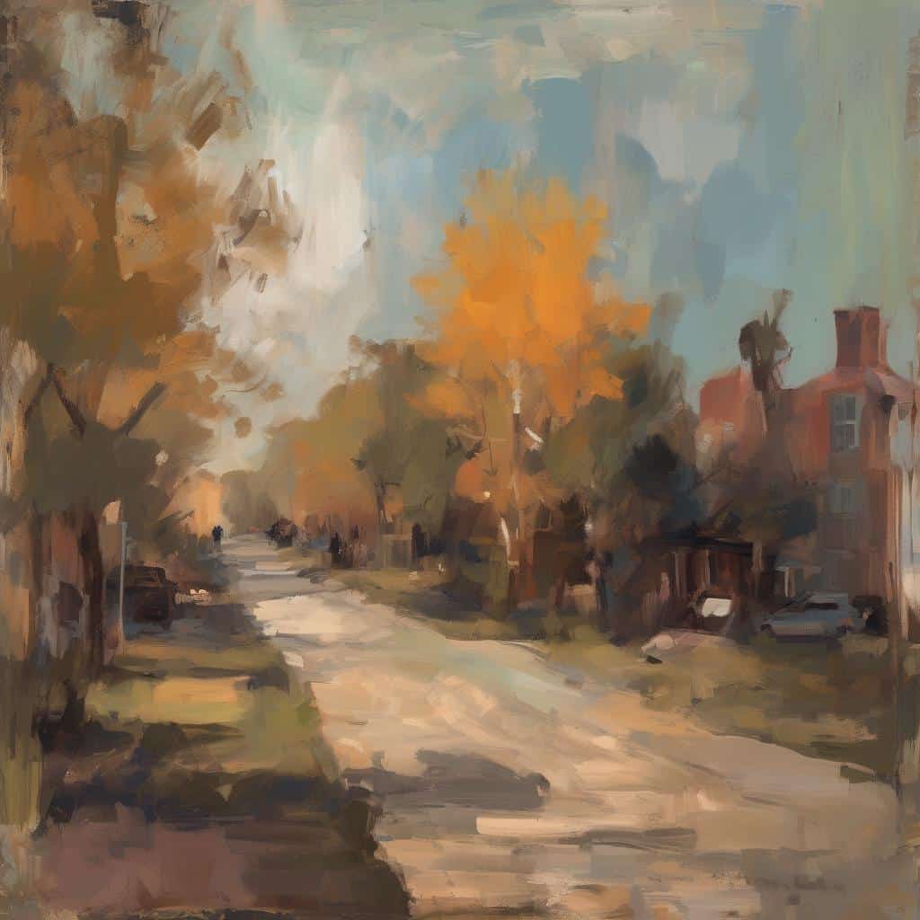 Ζωγραφικό τοπίο με φθινοπωρινά δέντρα και δρόμο, σε αφαιρετικό στυλ, από καλλιτέχνη, εμπνευσμένο από την τέχνη και την δημιουργικότητα.