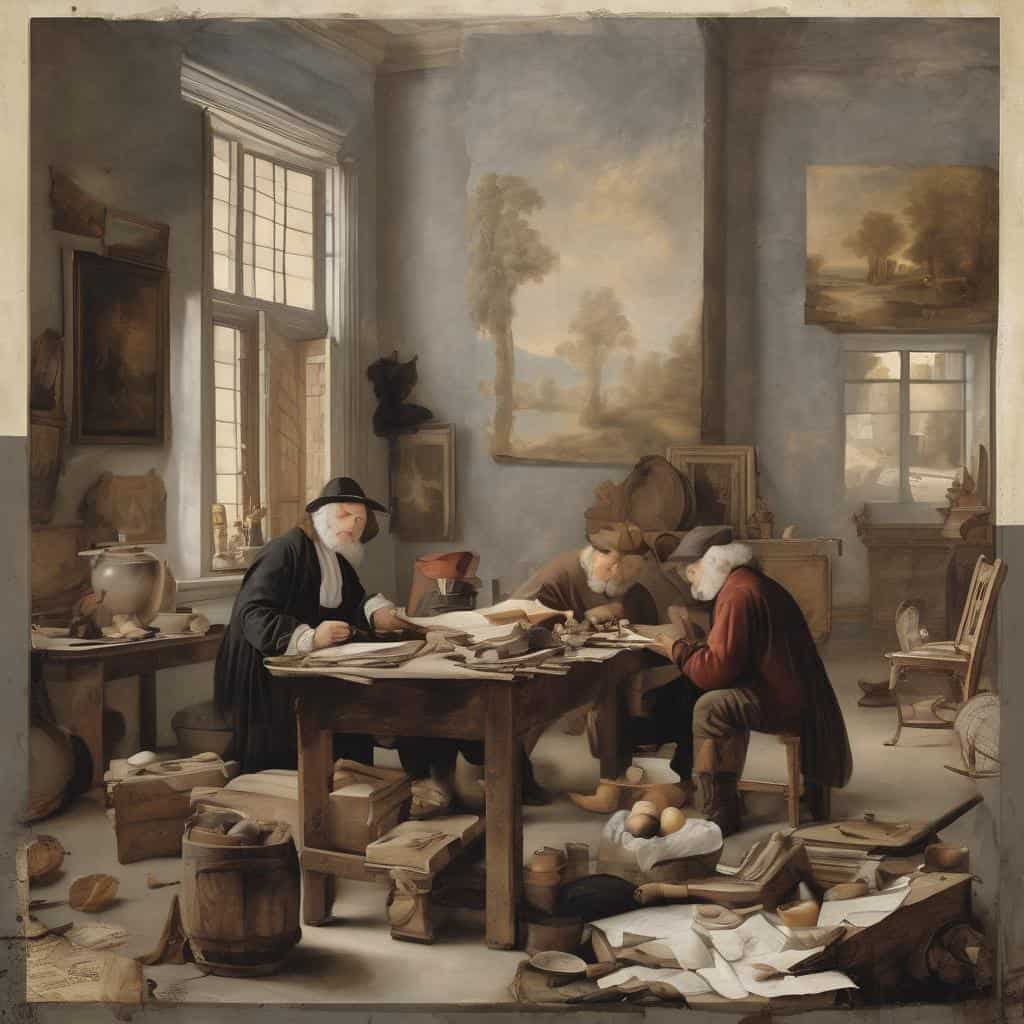 Παλιό εργαστήριο τέχνης με τρεις καλλιτέχνες σε δημιουργική συζήτηση και έργα τέχνης.