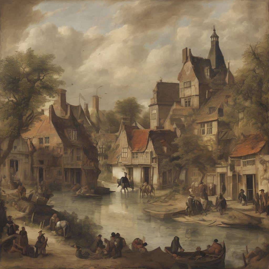 Παλιά πόλη με γέφυρα και ποτάμι, χειμερινή ατμόσφαιρα, ρομαντικά σπίτια και άνθρωποι, καλλιτεχνική απεικόνιση.