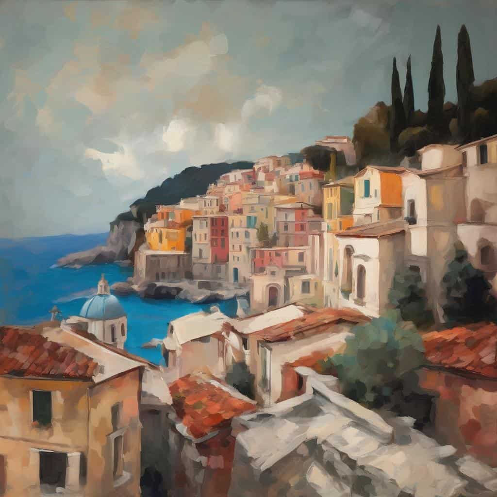 Ουράνιο τοπίο με πολύχρωμα σπίτια στην ακτή της Μεσογείου, δημιουργώντας αίσθηση τέχνης και δημιουργικότητας.